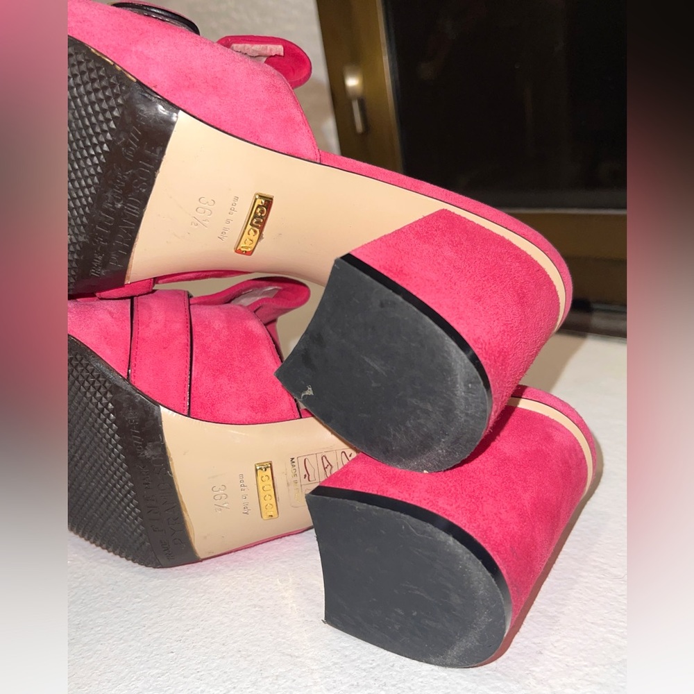 Gucci Hot Pink Suede Fringe Double G Block Heel Mules - Picture 7 of 16